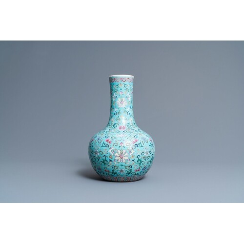 A Chinese famille rose turquoise-ground bottle vase, Qianlon...