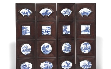 A Chinese four-panel hardwood screen with inlaid porcelain plaques, decorated in underglaze blue with genre sceneries. 19th century. Each panel 43.5×177 cm.
