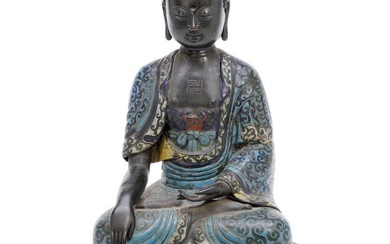 A Chinese partly cloisonné and metal repoussé figure of Buddha Shakyamuni setaed...