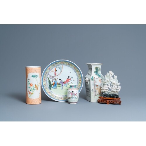 A Chinese qianjiang cai vase, three famille rose wares and a...