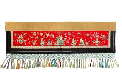 A Chinese red-ground embroidered 'qilin' silk bed spread, late 19th century