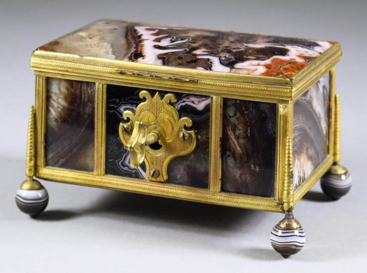 A Continental Gilt Brass and Polished Agate Trinket Box,...