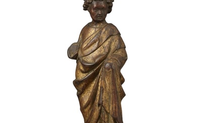 A FRENCH CARVED WALNUT, PARCEL-GILT AND POLYCHROME FIGURE OF...