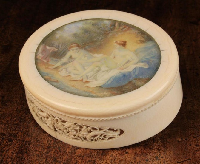 A Fine 19th Century Ivory Box. The oval lid inset with a gouache painting of a romantic scene depict