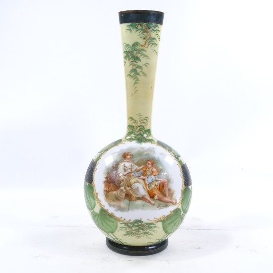 A French milk glass narrow-necked vase with transfer decorat...