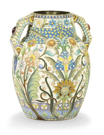 A GEM-SET SILVER-GILT AND CLOISONNÉ ENAMEL VASE, MARKED P. OVCHINNIKOV WITH IMPERIAL WARRANT, MOSCOW, 1908-1917