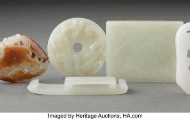 78017: A Group of Five Chinese Jade Carvings and a Chinese Carved Glass Article 2 x 2-5/