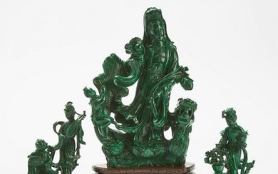 A Group of Three Chinese Malachite Carvings of Guanyin