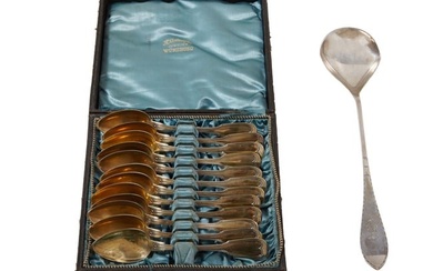A. Guttenhoefer Gilt .800 Silver Fruit Spoon Box Set with an A. Amundsen .830 Silver Serving Spoon