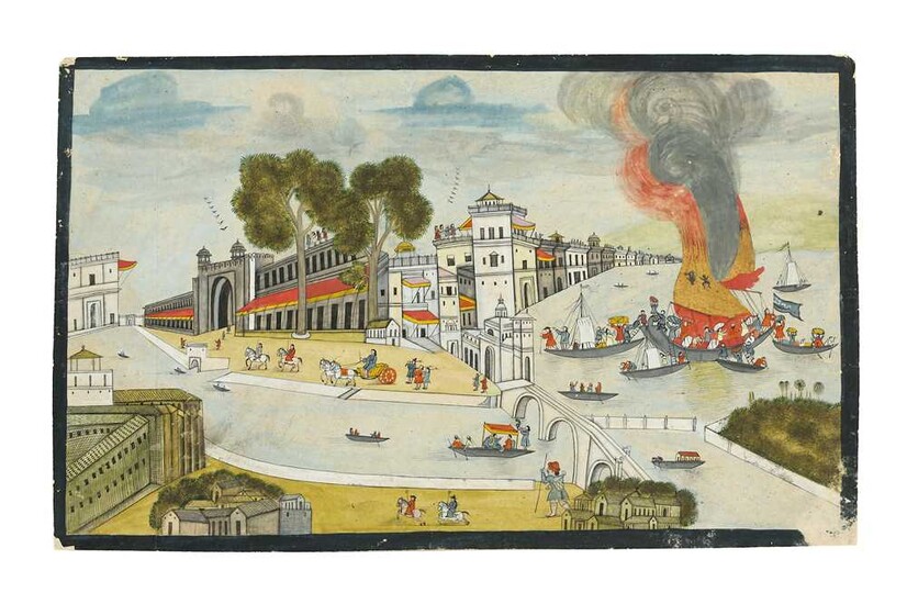 A HARBOUR SCENE WITH A BURNING MERCHANT FLEET Possibly Jaipur, Rajasthan, North-Western India, mid to late 19th century