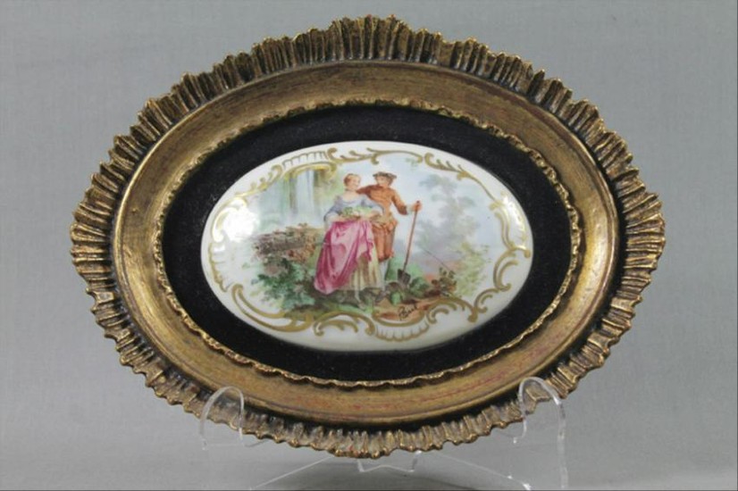A Hand Painted Porcelain Plaque Signed In Gold Wood