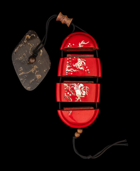 A Japanese Mother-of-Pearl Inlaid Red Lacquer Three-Case Inro