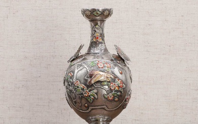 A Japanese inlaid silver and cloisonné-enamel vase