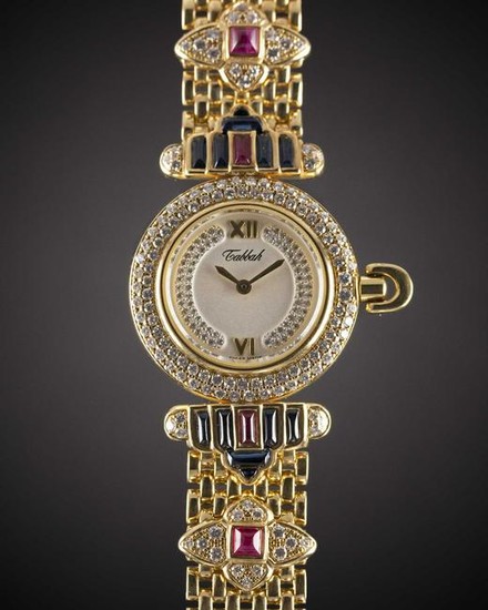 A LADIES 18K SOLID GOLD, DIAMOND, SAPPHIRE & RUBY
