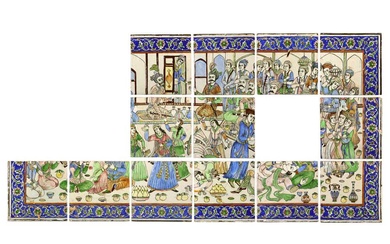 A LARGE COMPOSITION SET OF THIRTEEN MOULDED POTTERY TILES Late Qajar Iran, early 20th century