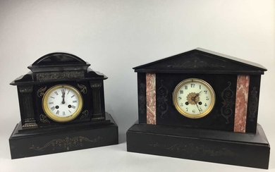 A LOT OF TWO 19TH CENTURY FRENCH BLACK SLATE MANTEL CLOCKS