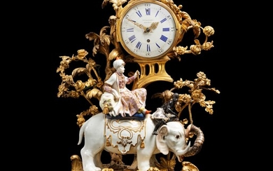 A Louis XV gilt-bronze mounted Meissen porcelain mantel clock depicting a Sultan riding an Elephant, probably by Peter Reinicke, circa 1750 | Pendule au sultan sur un éléphant en porcelaine de Meissen, probablement par Peter Reinicke, et monture de...