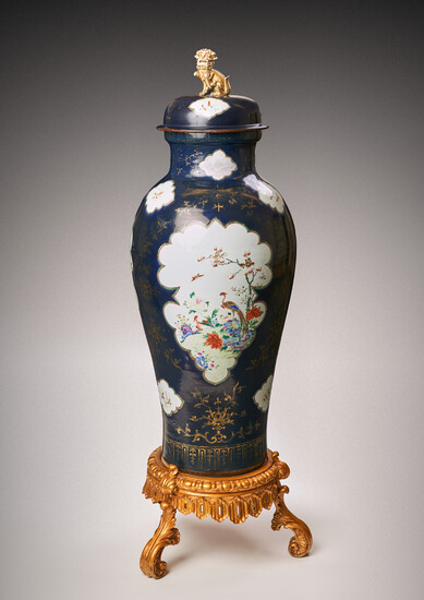 A MASSIVE CHINESE FAMILLE ROSE BLUE-GROUND BALUSTER VASE AND COVER