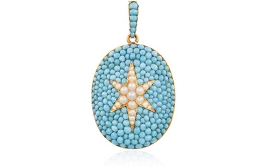 A MID 19TH CENTURY TURQUOISE AND PEARL LOCKET PENDANT, CIRCA...