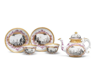 A Meissen teapot and cover and two teabowls and saucers, circa 1735