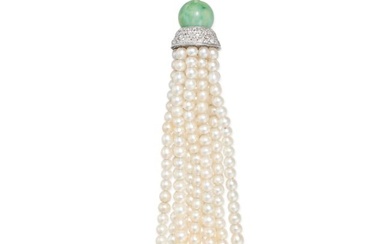 A NATURAL SALTWATER PEARL, JADEITE JADE AND DIAMOND TASSEL PENDANT in platinum and white gold