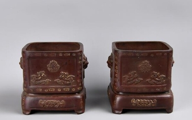 A PAIR CARVED YIXING FLOWER POTS