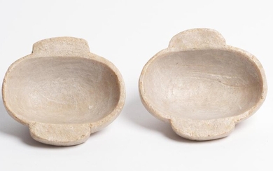 A PAIR OF CHINESE 'QINGTIAN' STEATITE EAR CUPS ZHEJIANG PROVINCE, THREE KINGDOMS PERIOD (220-280 AD)