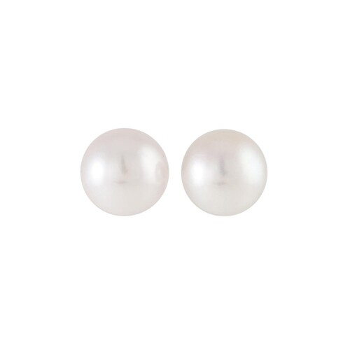 A PAIR OF CULTURED PEARL STUD EARRINGS, mounted in 18ct yell...