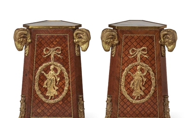 A PAIR OF EMPIRE-STYLE ORMOLU-MOUNTED KINGWOOD AND TULIPWOOD TRIPOD PEDESTALS 20TH CENTURY