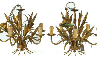 A PAIR OF FRENCH GILT TOLE-PEINTE FIVE-LIGHT ‘WHEAT-SHEAF’ CHANDELIERS (2)