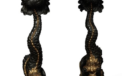 A PAIR OF GILT AND EBONISED WOOD DOLPHIN-FORM JARDINIERES, 20TH CENTURY