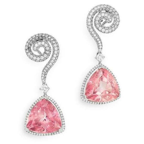 A PAIR OF PINK TOPAZ AND DIAMOND EARRINGS each set with