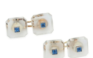 A PAIR OF SAPPHIRE AND ROCK CRYSTAL CUFFLINKS, CIRCA