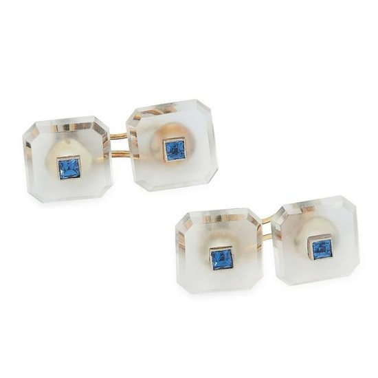 A PAIR OF SAPPHIRE AND ROCK CRYSTAL CUFFLINKS, CIRCA