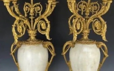 A PALATIAL PAIR OF DORE BRONZE AND MARBLE CANDELABRA