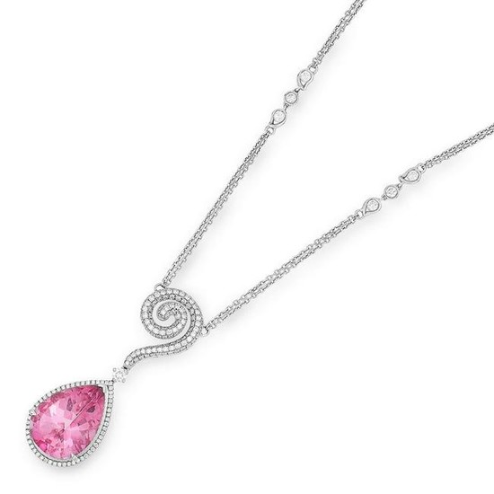 A PINK TOPAZ AND DIAMOND PENDANT NECKLACE set with a