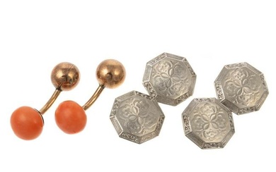 A Pair of Art Deco & A Pair of Coral Cuff Links
