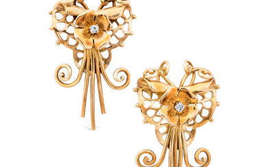 A Pair of Art Nouveau Diamond and Gold Ear Clips
