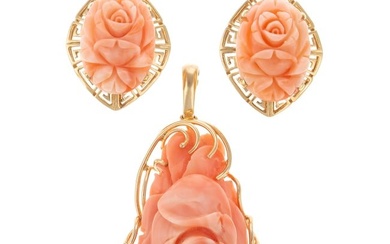 A Pair of Carved Coral Earrings & Pendant in 14K