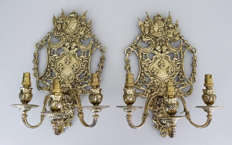 A Pair of Cast Brass French Three-Light Candle Sconces,...
