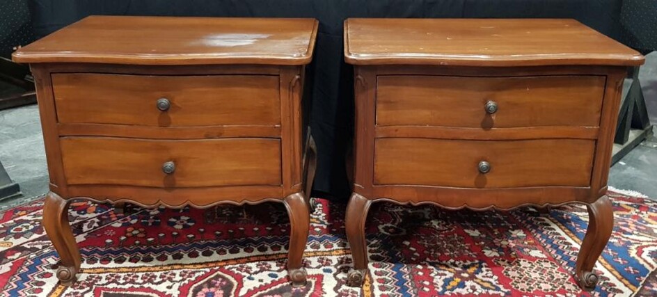A Pair of French Style Timber Effect Two Drawer Bedside Cabinets (H:65 x W:68 x D:56cm) purchased at the House of Manor Mosman