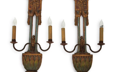 A Pair of Italian Painted and Parcel Gilt Sconces