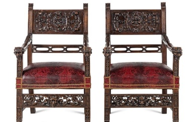 A Pair of Italian Renaissance Revival Carved Walnut Armchairs