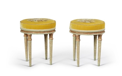 A Pair of Louis XVI Carved, Green Painted, and Parcel-Gilt Tabourets, Circa 1780