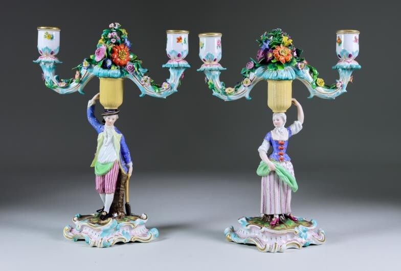 A Pair of Meissen Porcelain Two-Light Candelabra, 20th Century,...