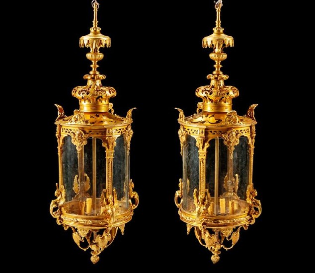 A Pair of Régence Style Gilt Bronze and Glass Lanterns
