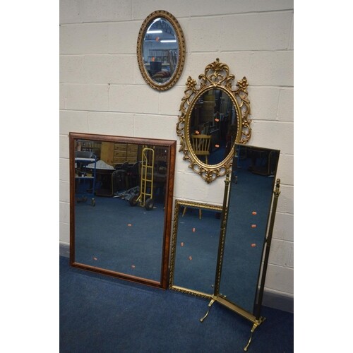 A QUANTITY OF MIRRORS comprising a brass rectangular cheval ...