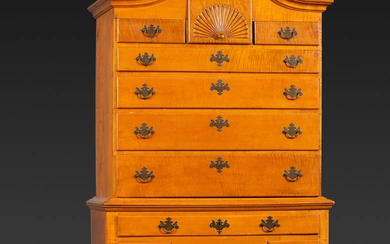 A Queen Anne Fan-Carved Tiger Maple Bonnet-Top Tablet-Foot High Chest