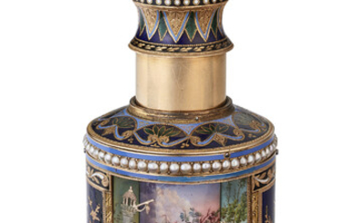 A RARE SWISS VARI-COLOR GOLD, ENAMEL, AND PEARL-SET MUSICAL AUTOMATON AND TIMEPIECE LONGUE-VUE MARK OF SENÉ &AMP; NEISER, (FL. 1805-1808), GENEVA, CIRCA 1805; THE TIMEPIECE SIGNED PUY’ ROCHE, THE AUTOMATON ATTRIBUTED TO PIGUET &AMP; CAPT, GENEVA...