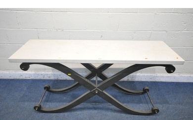 A RECTANGULAR MARBLE TOP SIDE TABLE, raised on a cross shape...